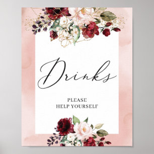 Dryckskylt för rosa blommigt guld poster