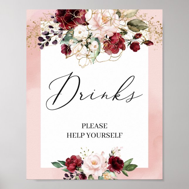 Dryckskylt för  rosa blommigt i Boho burgundy Poster (Framsidan)