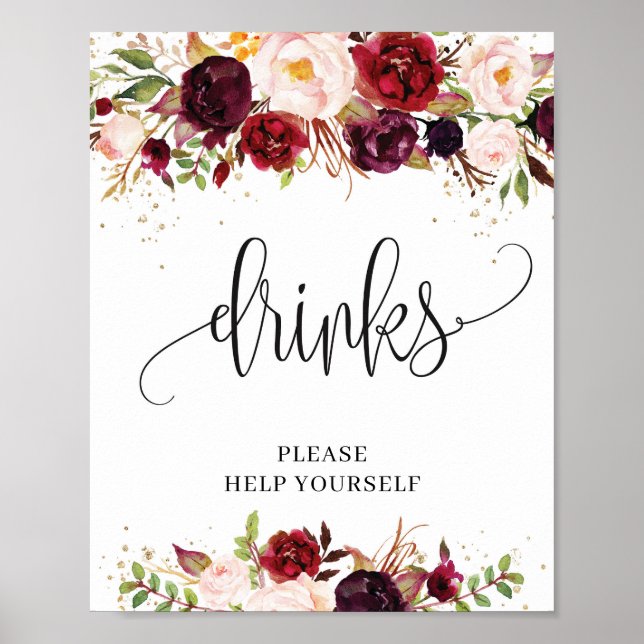 Dryckskylt för Rustic marsala burgundy blommigt gu Poster (Framsidan)