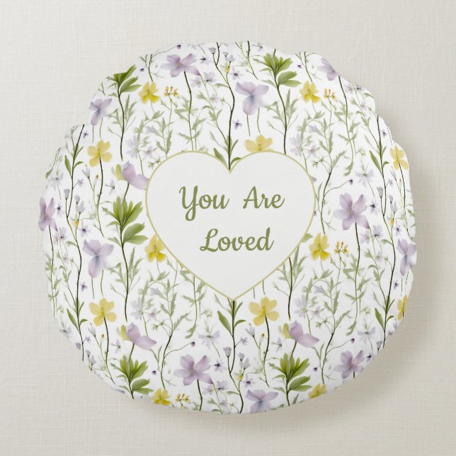Du är älskad Blommigt hjärta Rund Kudde (Framsidan)