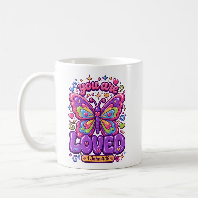 Du Är Älskad Fjäril Kristen Bibelvers Kaffemugg (Vänster)
