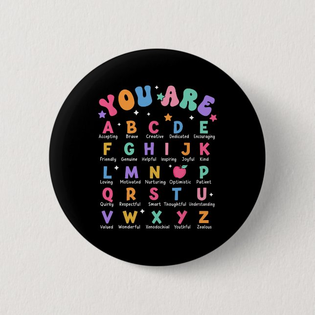 Du Är Bokstäver Alfabetet Lär Dig Abcs Inspiration Knapp (Framsida)