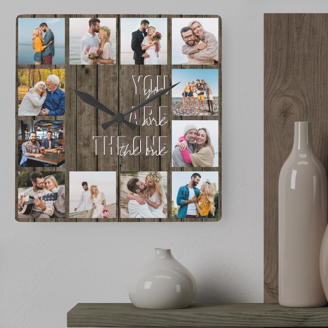 Du är den 12 foto Brown Wood Fyrkantig Klocka (You are the One photo clock with 12 photos for newlyweds, wedding anniversaries, engagement ..)