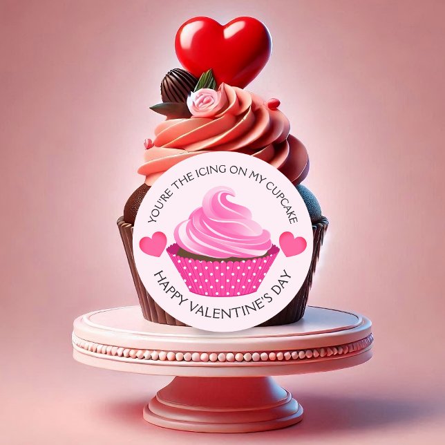 Du är den lyckliga Alla hjärtans dag-kakan Runt Klistermärke (You're the icing on my cupcake Valentine's sticker to seal you packaging or use as cake picks.)