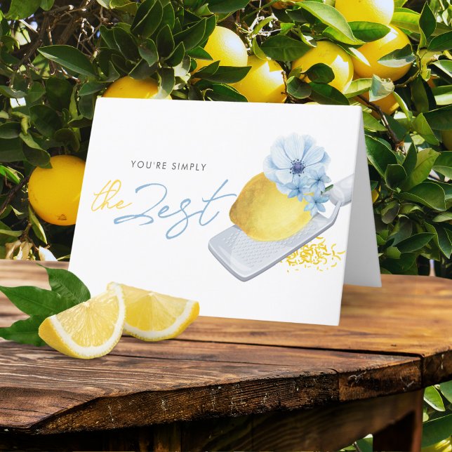Du är helt enkelt den bästa Vattenfärg Lemon Foldi Tack Kort (You're Simply the Zest Funny Folding Thank You Card. With a stunning watercolor lemon & blue flowers)