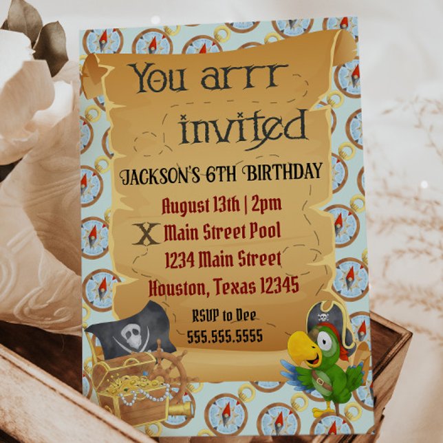 "Du är inbjuden" Pirat-födelsedagsinbjudan Inbjudningar (pirate birthday party invitation map, treasure chest, parrot children's birthday party)