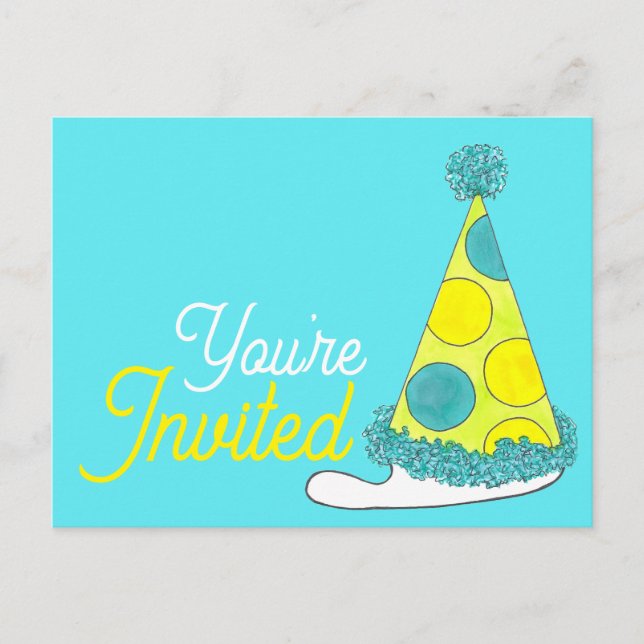 Du är inbjuden Prickig födelsedagsfesthatt Inbjudan Vykort (Framsida)