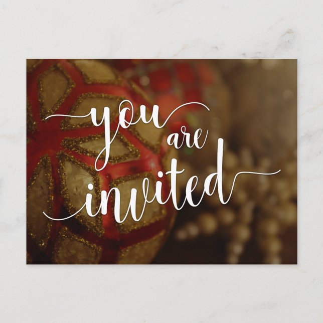 Du är inbjuden till jul Party, Dekorationer Vykort (Framsida)