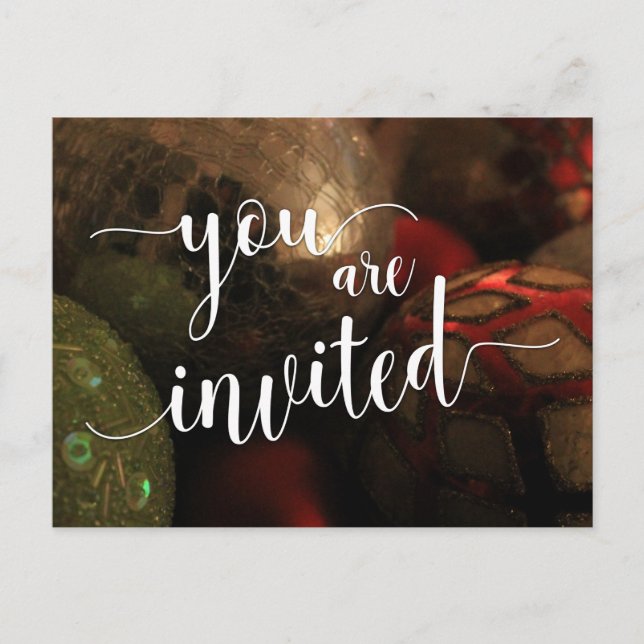 Du är inbjuden till jul Party, Glass Bollar Vykort (Framsida)