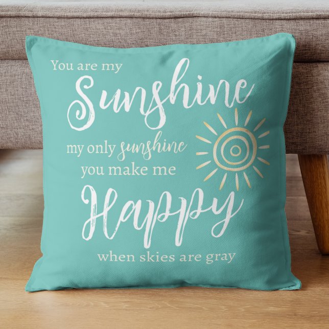 Du är min solblåa med Sol vita prickar Kudde (Sunshine You Make Me Happy Lyrics Indoor or Outdoor Pillow in Teal Blue with Sun and Polka Dots.)