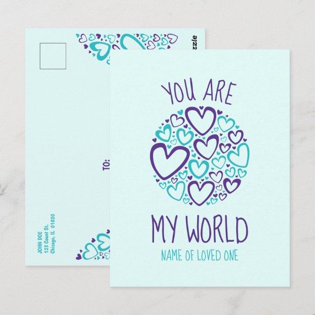 Du Är Min Värld Blå Lila Hjärtan för Närstående Vykort (Fram/baksida)