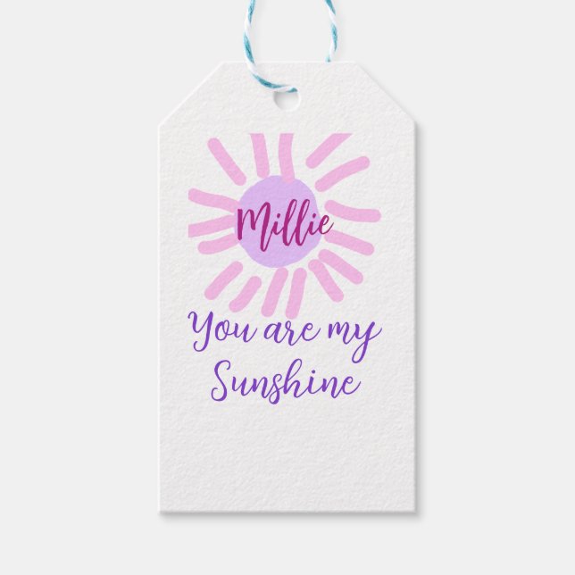 Du är mina solstrålar i lila rosa pastel sol presentetikett (Framsidan)