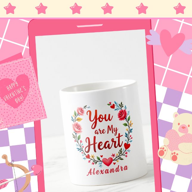 Du är mitt hjärta Romantiska blommor på vit Kaffemugg (Skapare uppladdad)