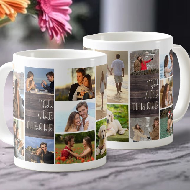 Du är One 14 Photo Collage Wood Panel Kaffemugg (Romantic photo mug with You are the One wording.)