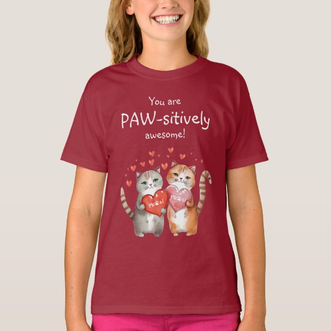 Du är Pawsitive Fantastisk Red and Rosa Cat T Shirt (Framsida)