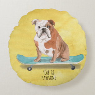 Du är Pawsome Skateboarding English Bulldog Rund Kudde