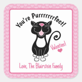 Du är perfekt, Black Cat Valentine Heart Rosa Fyrkantigt Klistermärke