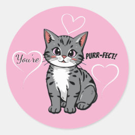 Du är Purr-fekt Animerad Katt och Hjärtan Rosa Runt Klistermärke