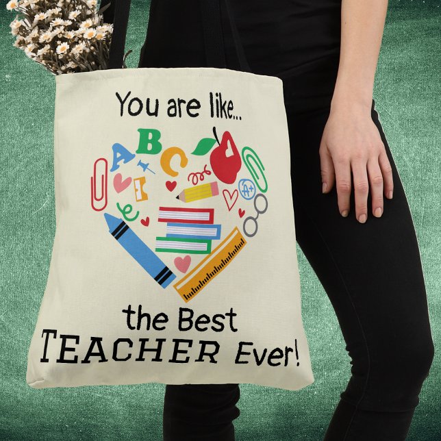 Du är som... den bästa läraren någonsin Anpassning Tygkasse (Best teacher ever customizable tote bag with heart crayons and books design)