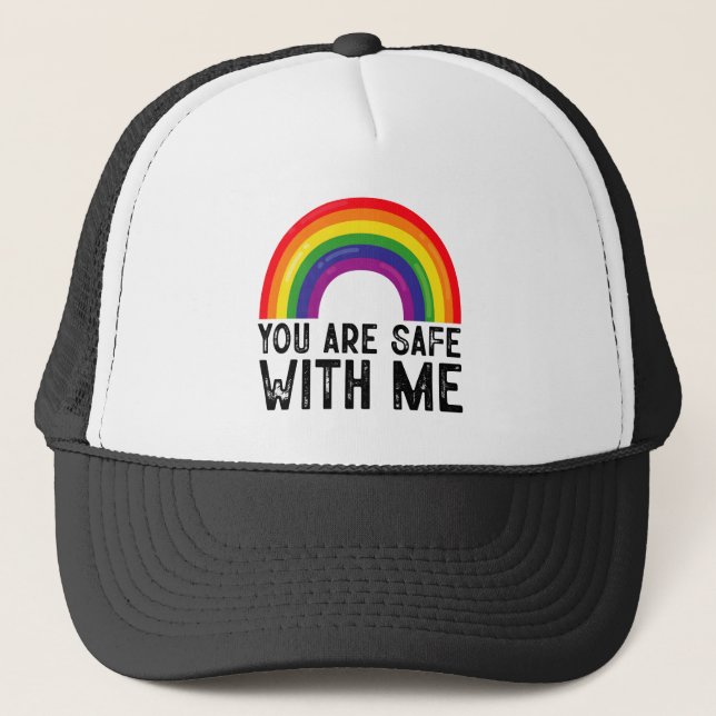 Du är trygg med mig HBTQ-pronomad regnbouefärger  Keps (Framsida)