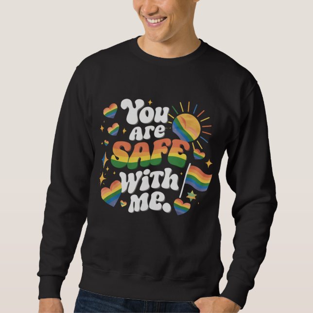 Du är trygg med mig HBTQ regnbåge Gay Lång Ärmad Tröja (Framsida)