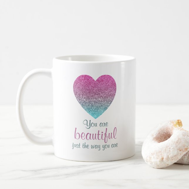Du är vacker Glitter Heart-gåva Kaffemugg (Med munk)