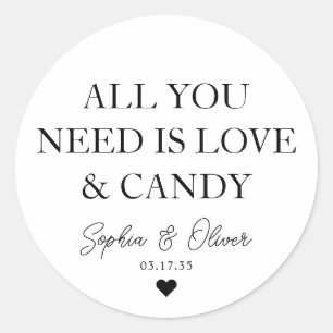 DU BEHÖVER BARA KÄRLEK OCH KANDY Heart Wedding Fav Runt Klistermärke