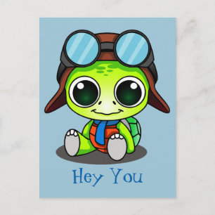 Du Cute Tecknad Turtle i Aviator Hat Vykort