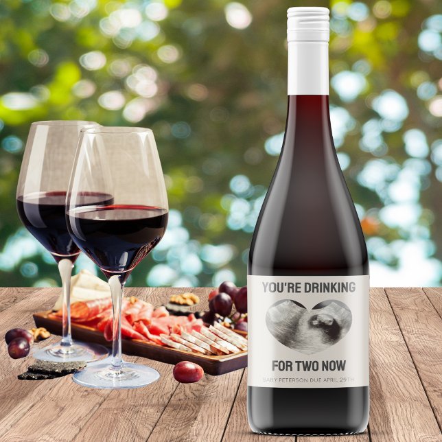 "Du dricker för två" Gravider Vinflaska Etikett ("youre drinking for two now" wine label pregnancy reveal announcement heart ultrasound sonogram pic)