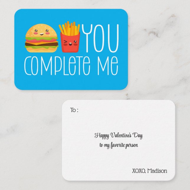 Du fyller mig med burger Fries Cute Valentine Day Anteckningskort (Fram/baksida)
