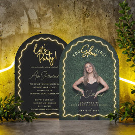 Du Glow Girl Vågigt Gult Neon Studenten Photo Inbjudningar