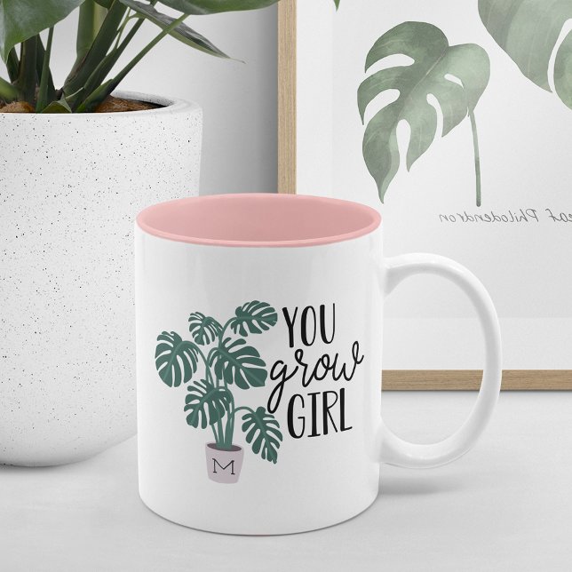 Du Grow Girl | Funny Monogram Plant Älskare Två-Tonad Mugg (Skapare uppladdad)