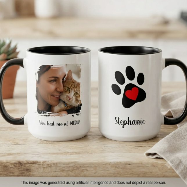 "Du hade mig vid mjau" foto och tassavtryck Två-Tonad Mugg (Cherish your cat with this photo and paw print gift, perfect for any cat lover's birthday.)
