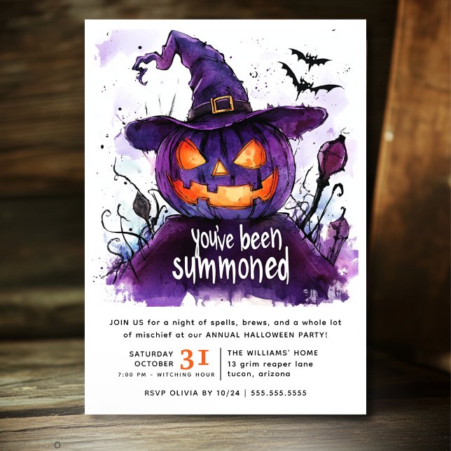 Du har kallats Watercolor Pumpkin Halloween Inbjudningar (You've Been Summoned Watercolor Halloween Party Invitation with Spooky Witch Aesthetic and Creepy )