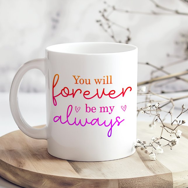 "Du kommer alltid att vara min alltid" Hjärtformfo Kaffemugg ("You will forever be my always" Heart Shape Photo Coffee Mug on a boho kitchen table with flowers)