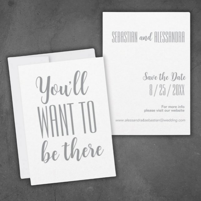 "Du kommer att vilja vara där" Spara datumet med m ("You'll Want To Be There"
Save the Date Modern Minimalist Wedding)