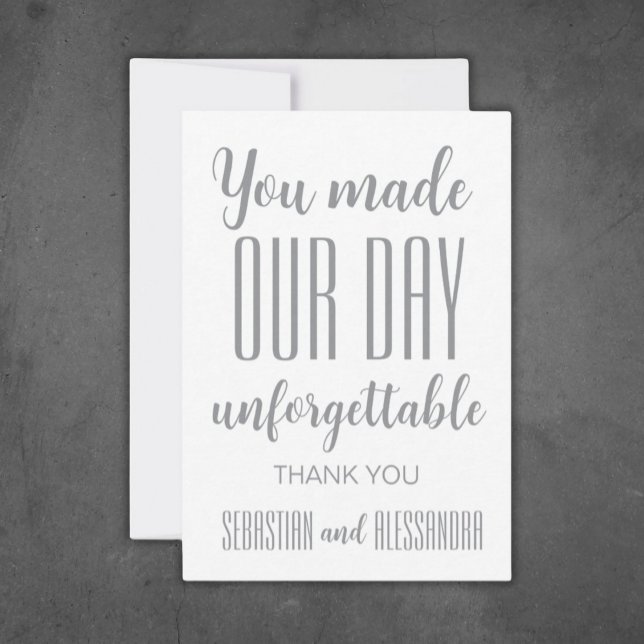 ”Du kommer vilja vara där" Minimalistisk Spara dat Tack Kort ("You Made Our Day Unforgettable" Thank You Modern Minimalist Wedding)