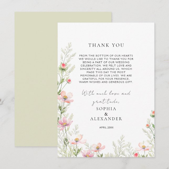 Du-kort för platta tack för Wildblommor Bröllop (Fram/baksida)