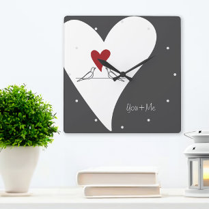 Du och jag - Enkel Modern Love birds Red Heart Fyrkantig Klocka