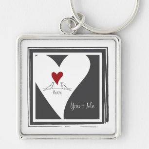 Du och jag - Enkel Modern Love birds Red Heart Fyrkantig Silverfärgad Nyckelring