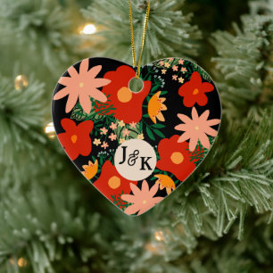 Du och jag, romantik, svart, rödblommiga hjärta julgransprydnad keramik