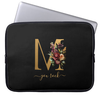 Du Rock Scroll Text Guld Blommig Monogram på Svart Laptop Fodral
