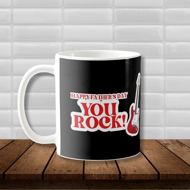 Du Sten Fars dag Kaffemugg (Black and White Coffee Mug with red guitar graphic and ted text: "Happy Father's Day, You Rock!")