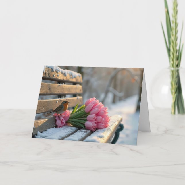 Du tänker på Vår Robin med Rosa Tulips Kort (Framsida)