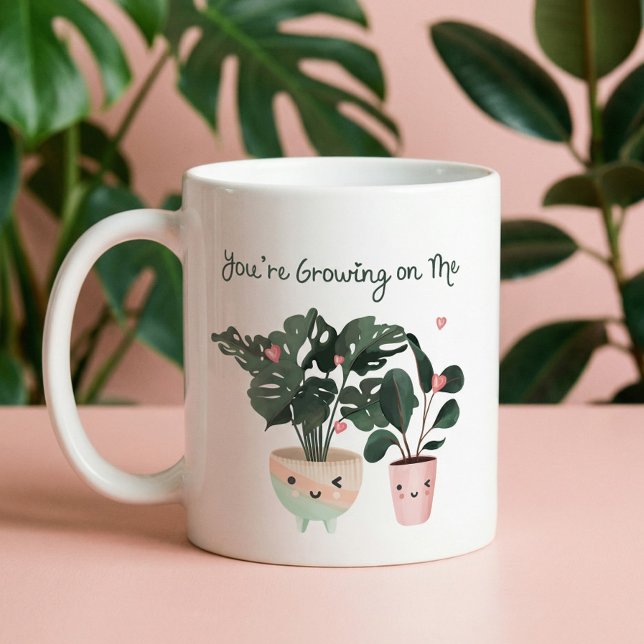 Du växer på mig, kröda vattenfärgade plåtar kaffemugg (You're Growing On Me Cute Watercolor Potted Plants Coffee Mug)