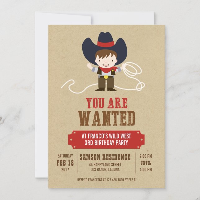 Du vill ha Western födelsedagsinbjudan till Cowboy Inbjudningar (Framsida)