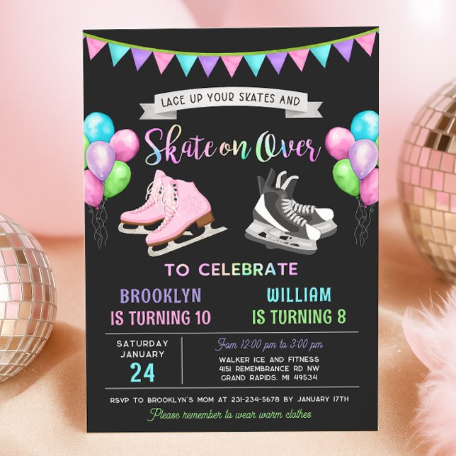 Dual Ice Skating Birthday Invitation Inbjudningar (Ice Skating Birthday Invitation - Double Birthday Party)
