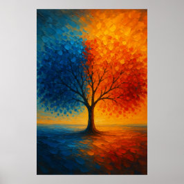 Dual Seasons Tree — Vibrant Blue & Orange Art Poster