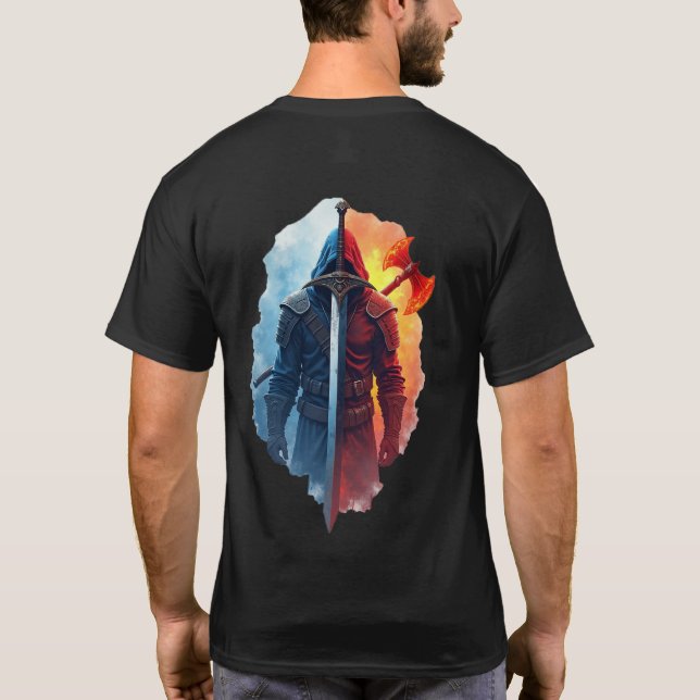 Duality Warrior - Fire & Ice Knight Fantasy Design T Shirt (Baksida)