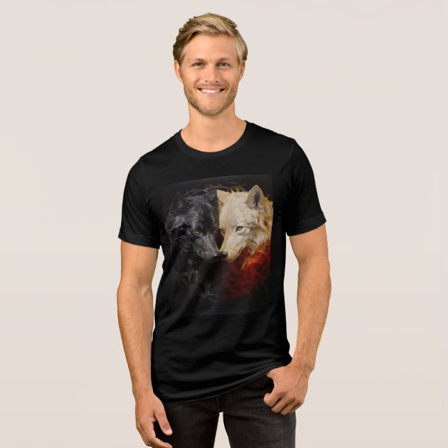Duality Wolves – Black & White Spirit Art T Shirt (Framsida Full)